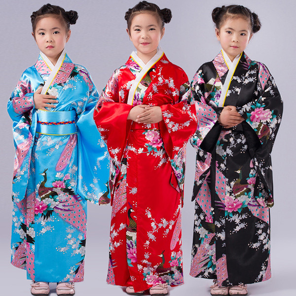 Children Peacock Yukata Clothing Girl Japanese Kimono Dress Kids Yukata Haori Costume Traditional Kimono Cosplay Costume