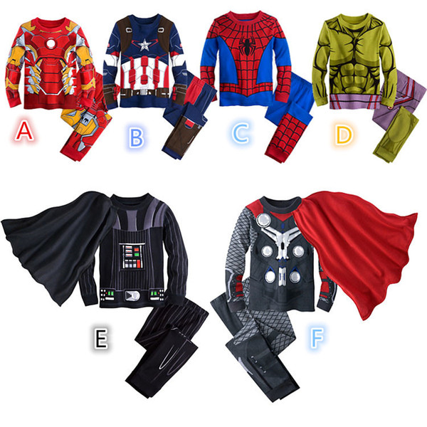 2016 Awesome Spider Man Iron Man Child Cartoon home clothes Cosplay PJ Marvel Avengers Long Sleeve Pajama Set With Cape K111E