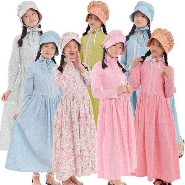 Kids Halloween Carnival Party Girls Costume Civil War Colonial Countryside Dress with Hat Reenactment Outfit 6-14 Years