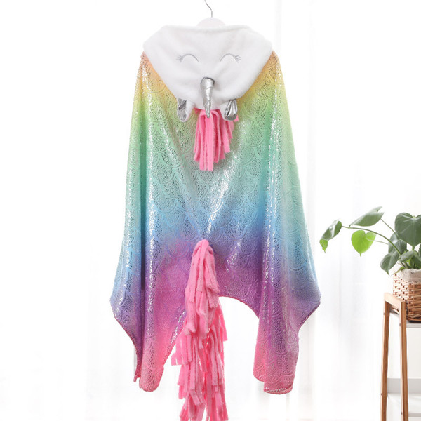 140*110cm Unicorn Blanket unicorn shawl Poncho cartoon blanket wrap robe Bronzing glitter hooded kids blankets FFA1739