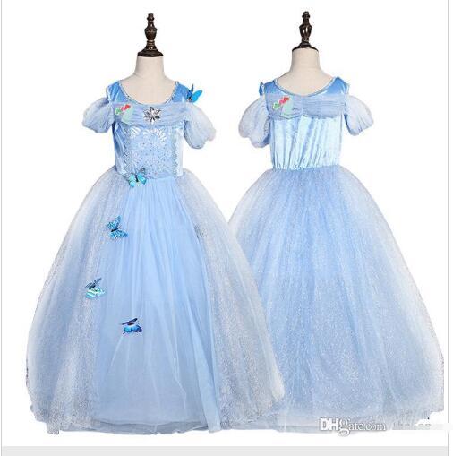 snowflake diamond cinderella dress fancy princess dress costumes for kids blue cinderella gown Halloween baby girl butterfly dress in stock