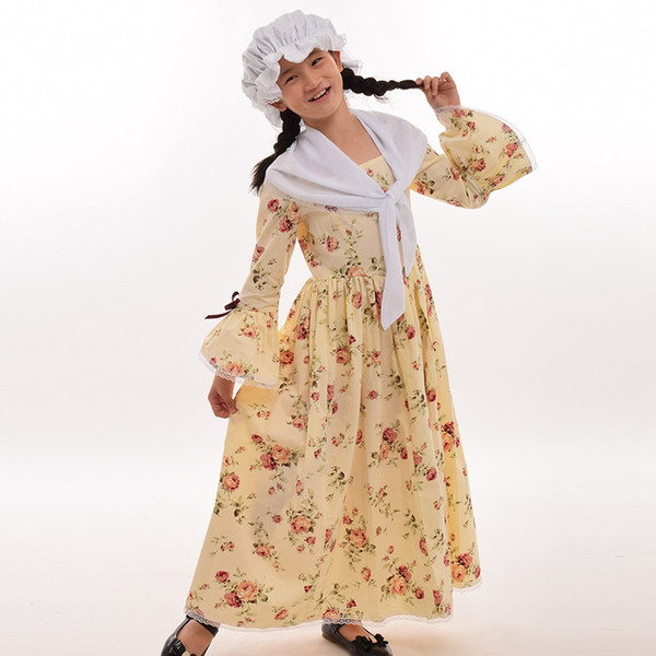 Civil War Colonial Kids Costume Reenactment Child Girls Pioneer Puritan Dress White Hat Mini Cape Outfit