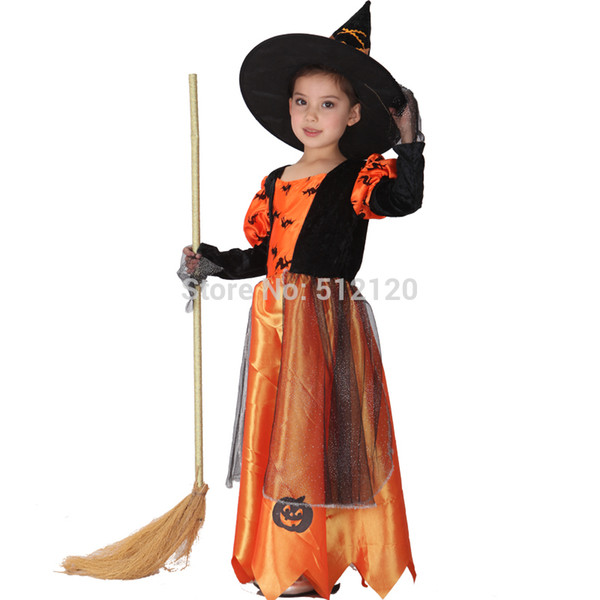 Children Kids Baby Girls Sexy Halloween Carnival Party Pumpkin Maxi Dress with Hat Witch Costumes Child Cosplay Clothing