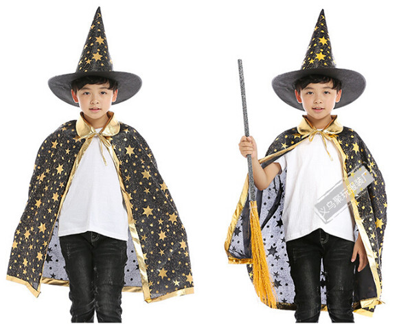 Halloween Cloak for Kids Stars Printed Hat Cape Magic Witch Cosplay Sets Costumes