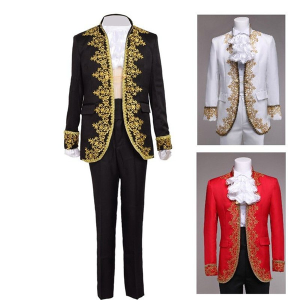 Royal European Court Fancy Outfit Vintage Rococo Baroque Prince Tops+Pants Cosplay Costume for Men White/Black/Red