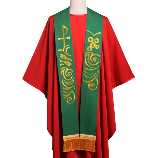 New Religions Fish Cross Embroidery Green Stole Clergy Pattern Chasuble Stole with Tassel NO Vestment Free Shipping