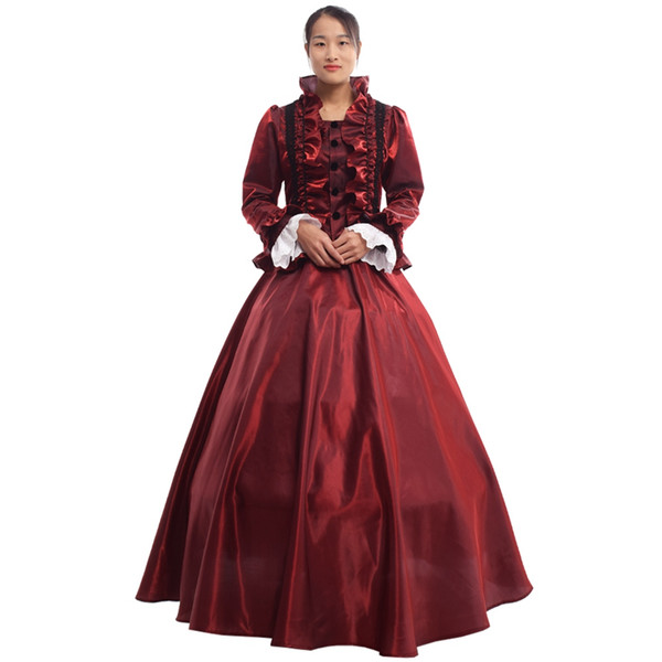 Women Vintage Gothic Victorian Dress Long Sleeve Blue Floor-Length Court Ball Gown With Crinoline Carnival Party Costume