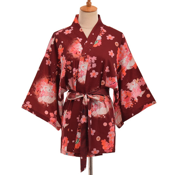 Cute Japanese Lolita Cherry Sakura Cat Kimono Jacket Women Summer Sakura Neko Yukata Robe Casual Cosplay Costume