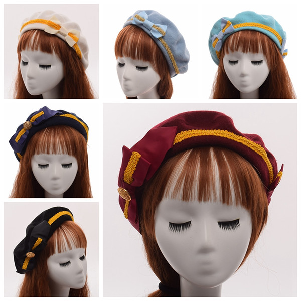 1PC Woman Lolita Beret Military Warm Soft Bowknots Navy Blue Burgundy Black Beanie Wool Cap Hat Headwear