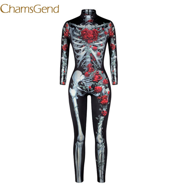 Chamsgend Women Vintage Skeleton Rose Print Scary Costume Black Skinny Jumpsuit Bodysuit Halloween Cosplay Suit #0724