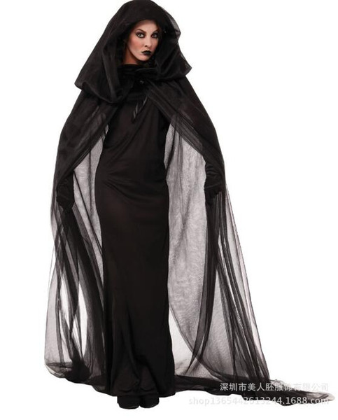 Halloween Ghost Bride Witch Vampire Queen Cool Black Dress And Cloak Uniform Cosplay Costume For Masquerade Party