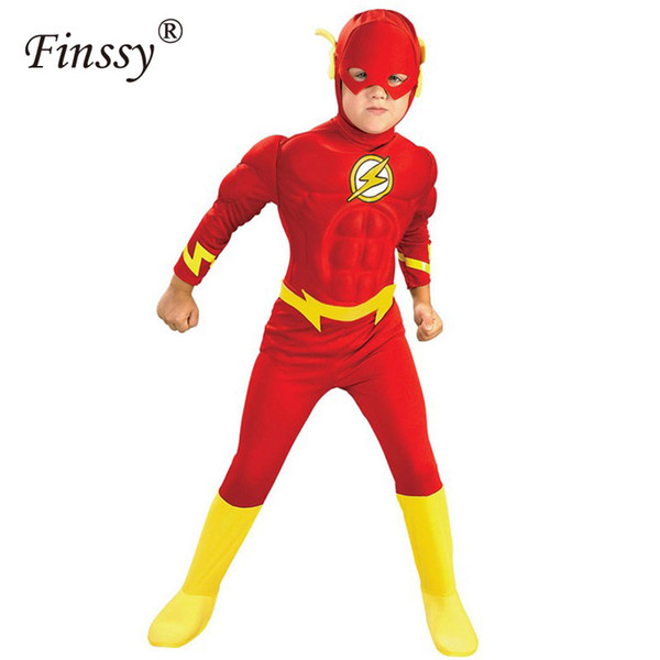 The Flash Cosplay Costume for Kids Fancy Dress Fantasia Halloween Costume for Boys Muscle Clothing Mask Set Split