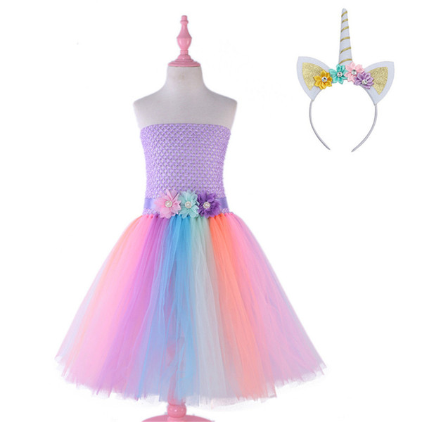 Girls Unicorn Tutu Dress Pastel Rainbow Princess Girls Birthday Party Dress Children Kids Halloween Unicorn Costume