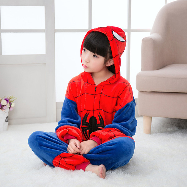 Original Kids Sleepwear Spiderman Flannel Hoodie Jumpsuit Pajama Costume Anime Cosplay Onesie