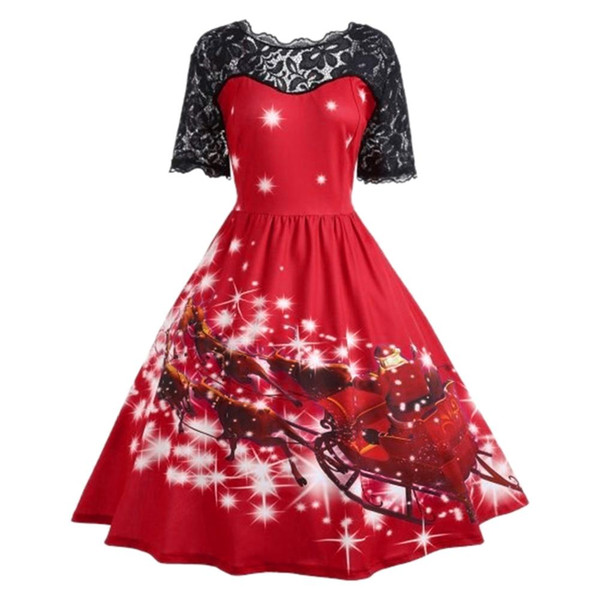 1PCS Christmas Themed Sexy See-through Lace Piecing Slim Waist Flare Dress Female Santa Claus Multi Color Options Plus Size 3XL