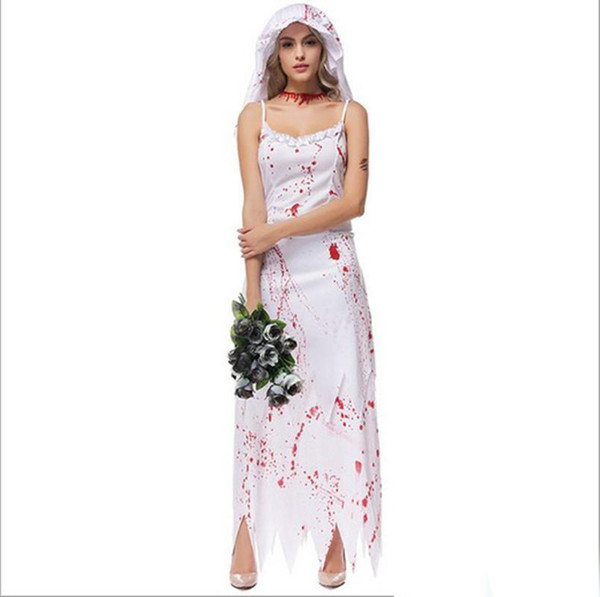 New White Ghost Bride With Blood Costumes 5Pcs/Lot By DHL Cosplay Halloween Zombies Spaghetti Shoulder Picot Edge Women Dress Hot Selling