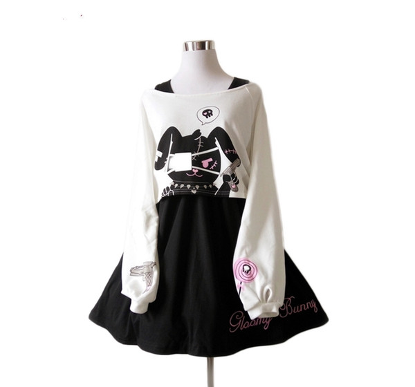 Black Comic Rabbit Dress Teens Girls 2 Pcs Suit Sweet Cotton Dress Short Cute Bunny Print Long Sleeves Japanese Lolita