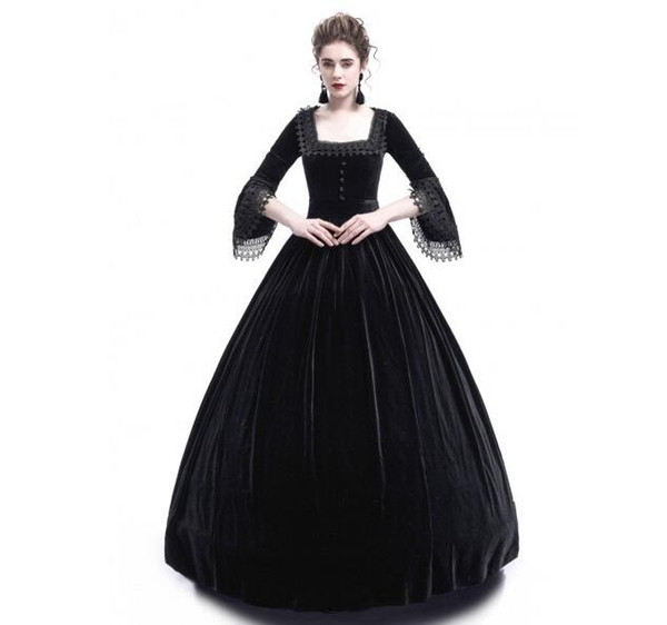 2018 Autumn Women Retro Vintage Long Sleeve High waist Dresses Cotton Renaissance Victorian Gothic Ruffle Medieval Dress Costume