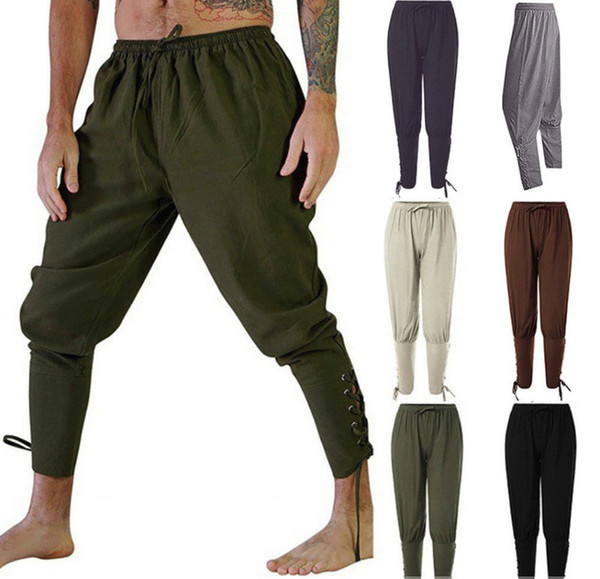 Mens Ankle Banded Feet Strap Medieval Loose Vintage Trousers Renaissance Pants