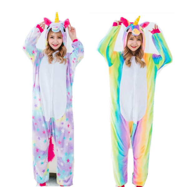 Women's Cosplay Costumes and Winter Flano Pajamas Star or Rainbow Unicorn Onesies Kigurumi Jumpsuit Hoodies Adults Halloween Party Clothes