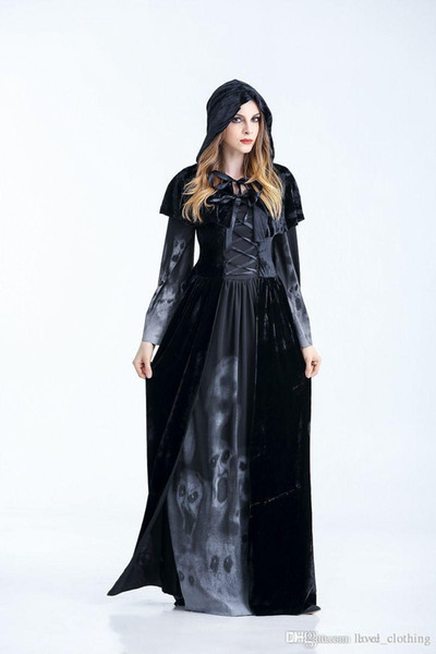 Halloween role playing costume, skull print dress, witch, European and American Vampire death queen costume. 5pcs