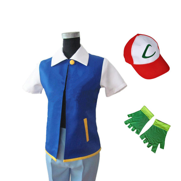 Hot!Anime Ash Ketchum Trainer Costume Halloween Cosplay Unisen Shirt Jacket + Gloves + Hat(Original Genuine Blue)