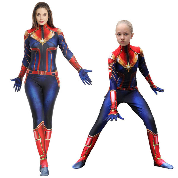 Adult Child Captain Marvel Costume Women Superhero 3D Print Onesies Children Carol Danvers Bodysuit Carnaval Costumes for Kids