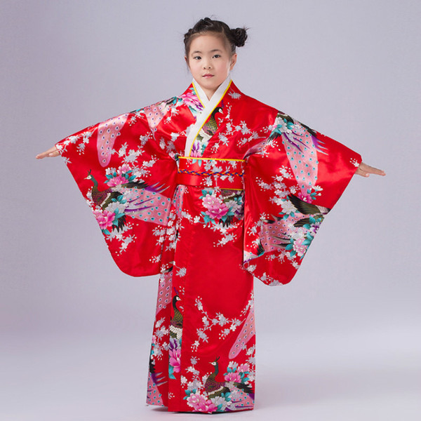 Free Shipping New Child Novelty Cosplay Floaral Dress Japanese Baby Girl Kimono Dress Children Vintage Yukata Kid Girl Dance Costumes