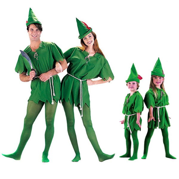 Free Shipping Kids Adult Peter Pan Costume Halloween Costume for Men Women Green Elf Parent-child Christmas Costumes