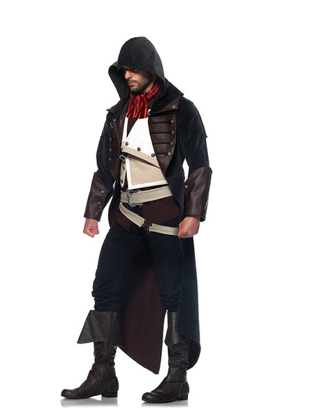 Malidaike Assassin's Creed Unity Arno Dorian Denim Cloak Cosplay Costume with Hoodie Halloween Suit