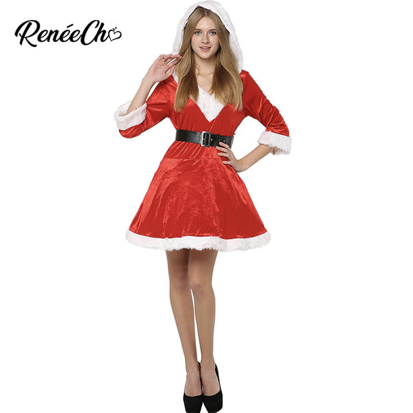 Christmas Costume Women Sassy Mrs Claus Costume red Christmas dresses ladies Santa Claus Suit Hooded Fancy Dress And Belt Set