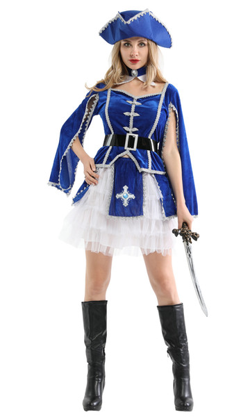 Shanghai Story Holiday Halloween Party Blue And White Pirate Cosplay Costume Caribbean Pirates With hat For Women