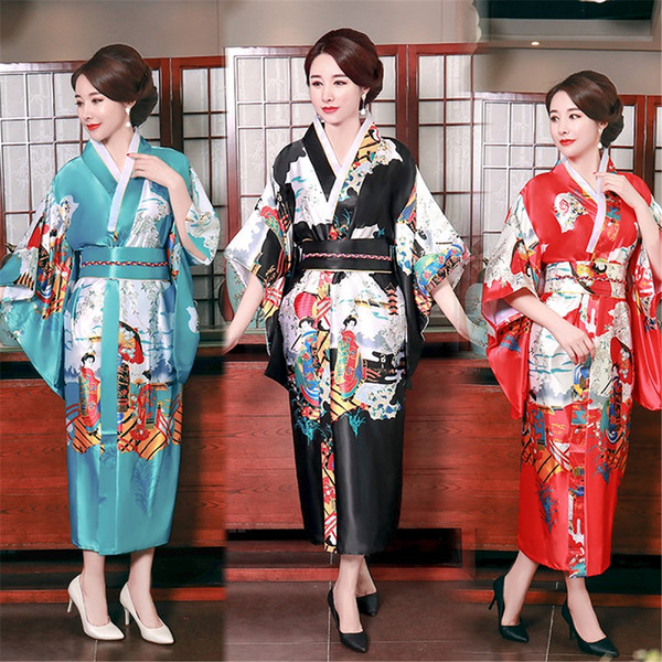 Shanghai Story 2022new sale Floral Peacock Print Vintage Party Women Sexy Satin Kimono Yukata Performance Dance