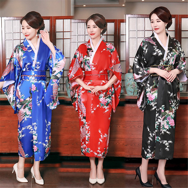 Shanghai Story Flower Print Vintage Party Women Sexy Satin Kimono Yukata Performance Dance