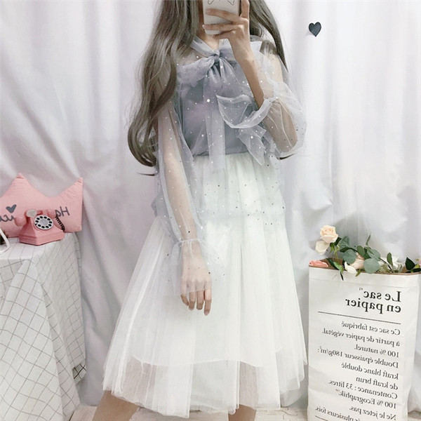 Sweet lolita set elegant sweet star mesh lolita top+high waist victorian skirt two-piece set kawaii girl gothic loli