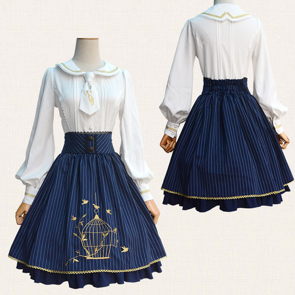 Women's Bird Cage Embroidery Classic Striped Lolita SK Skirt Elastic Waist Hem Skirt Nice Lace Color Blue & Wine Red