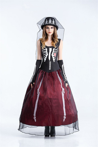 The Skeleton Bride Theme Costume Designer Womens Cosplay Sleeveless Dress Halloween Day Funny Dress Party Dress