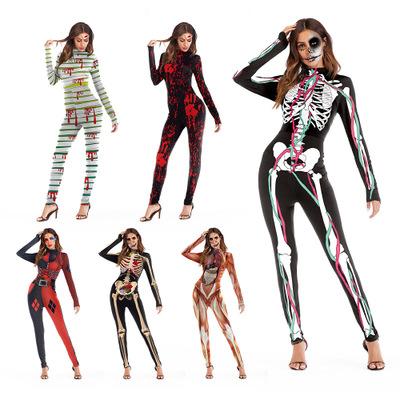 Adult Skeleton Halloween Black 3D Skulls Roses Rompers Womens Printed Long Sleeve Jumpsuit Tight Cosplay Costume S M 2 Size 6 Color