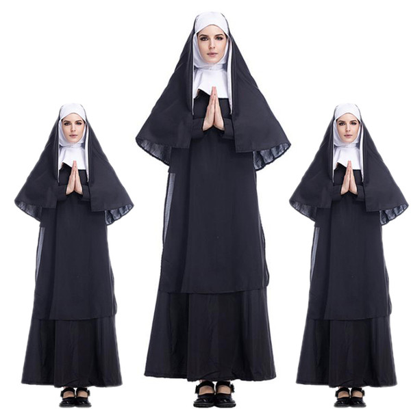 Designer Costume Black Adult Jesus Christ Womens Full Long Sleeve Missionary Pastor Maria Priest Nun Service Halloween Wholesale