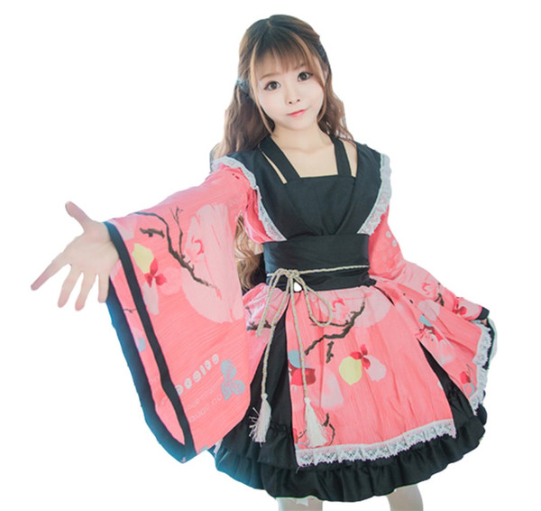 Shanghai Story Cotton Womens Flower Printing Lace Edge Kimono Stlye Lolita Dress