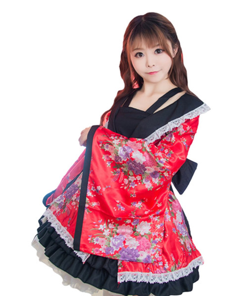 Shanghai Story 2019 New Japanese Womens Flower Printing Lace Edge Kimono Stlye Lolita Dress