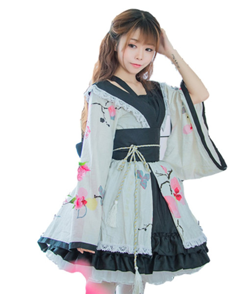 Shanghai Story Blend Cotton Flower Printing Lace Edge Kimono Yukata Maid Dress Meidofuku Uniform Outfit Anime Cosplay Costumes