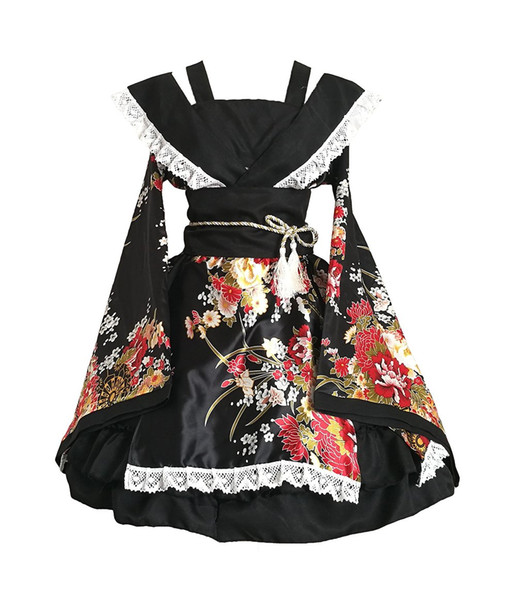 Shanghai Story Flower Printing Lace Edge Kimono Yukata Maid Dress Meidofuku Uniform Outfit Anime Cosplay Costumes