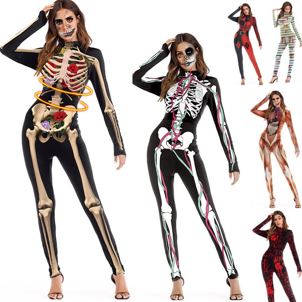 Adult Skeleton Halloween Black 3D Skulls Roses Rompers Womens Jumpsuit Tight Cos Costume DK0554BK