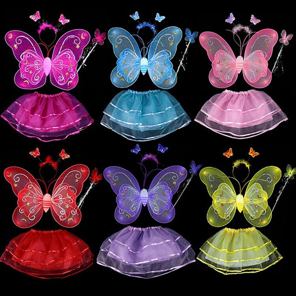 Hot Sale Baby Girls Skirt Butterfly Wing Wand Headband Tutu Skirt Cosplay Costume For Fairy Girl Kid Party