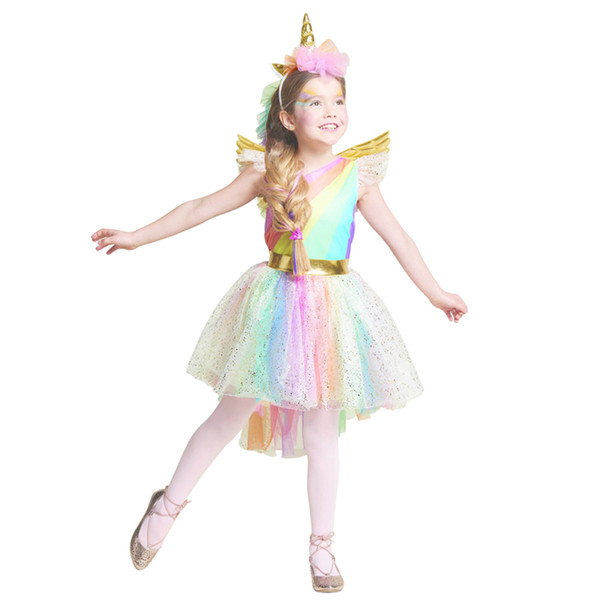 Girls' Dress Rainbow Unicorn Party With Headband Halloween Christmas Cosplay Costume Kids 2019 Summer Dress Party