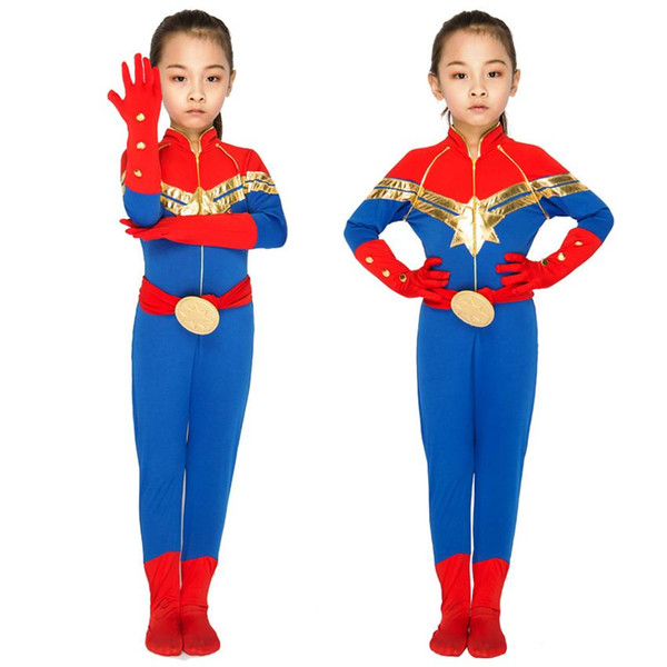 2019 Kids Captain Marvel Cosplay Disguise Halloween Carnival Costumes for Girls Jumpsuit Party Performance Clothing