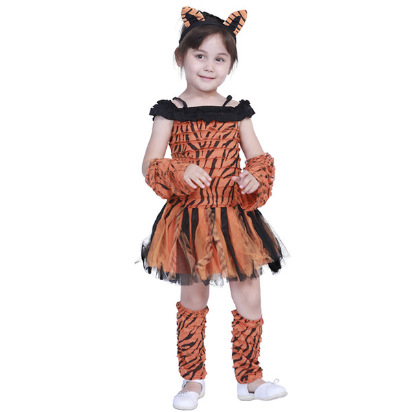 Children Cosplay Costume Black Chrysanthemum Tiger Kids Performance Halloween Set Carnival Holiday Party Headwear With Glove Leg Sleeve