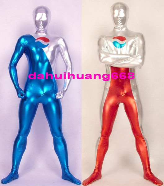 Fantasy Superhero Pepsi Costumes Outfit New 2 Color Shiny Lycra Metallic Pepsi Suit Catsuit Costumes Unisex Superhero Cosplay Costumes DH145