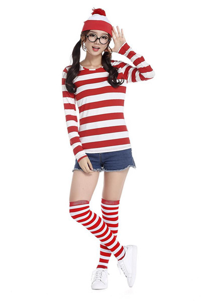 New hot Where's Wally Waldo TV Cartoon Stag Night Outfit Adult Mens Fancy Dress Costumes halloween costume for women cosplay